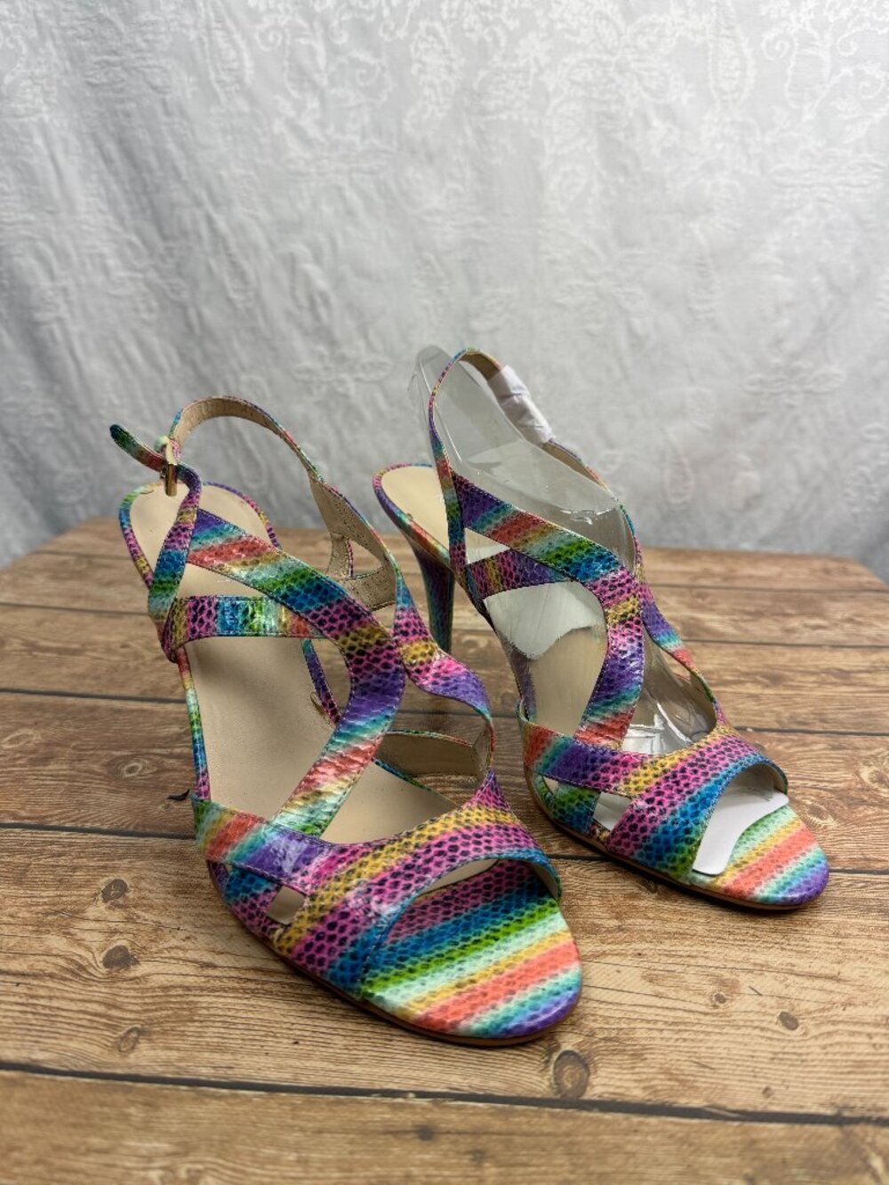 Nine West Rainbow Multicolor Snakeskin Strappy High Heel Sandals Women’s Size 10
